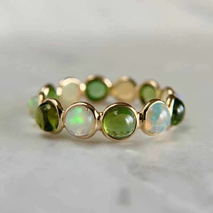 14K Yellow Gold 5mm Green Tourmaline and Opal Eternity Band