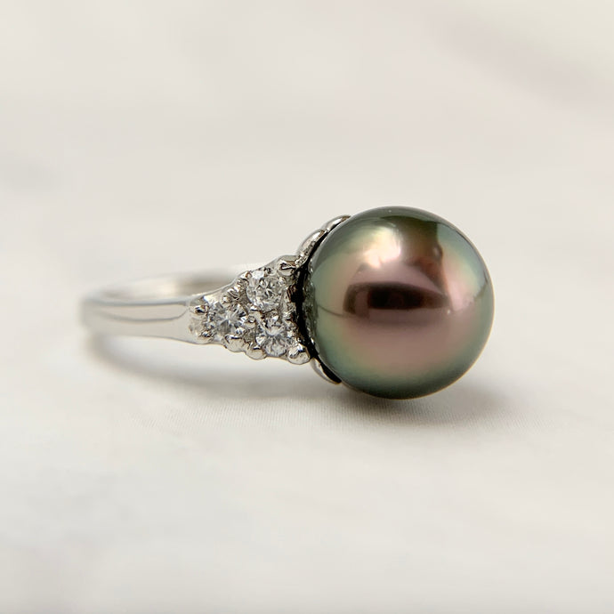 Platinum Tahitian Pearl Old European Cut Diamond Ring