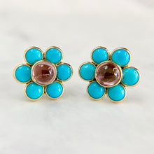 Load image into Gallery viewer, 18K Gold Pink Tourmaline and Persian Turquoise Earrings
