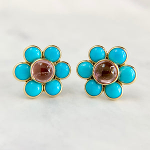 18K Gold Pink Tourmaline and Persian Turquoise Earrings