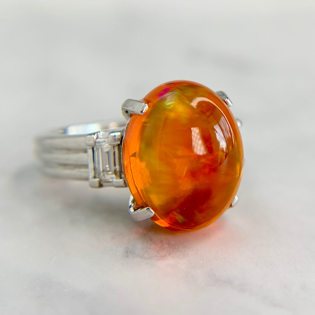 Platinum 5.16ct Fire Opal Cabochon Diamond Statement Ring