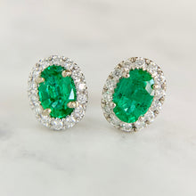 Load image into Gallery viewer, 14K White Gold Colombian Emerald and Diamond Stud Earrings