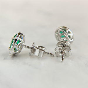 14K White Gold Colombian Emerald and Diamond Stud Earrings