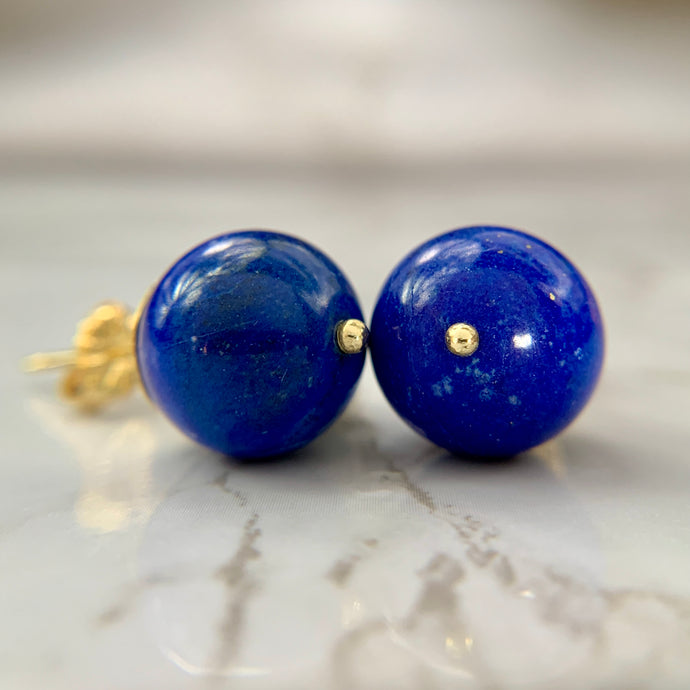 Estate 14K Yellow Gold 12mm Lapis Lazuli Ball Statement Earrings