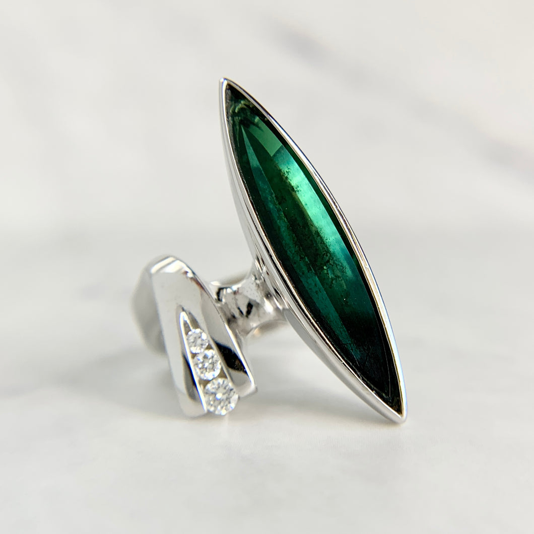 Custom 14K White Gold Green Tourmaline Modernist Ring