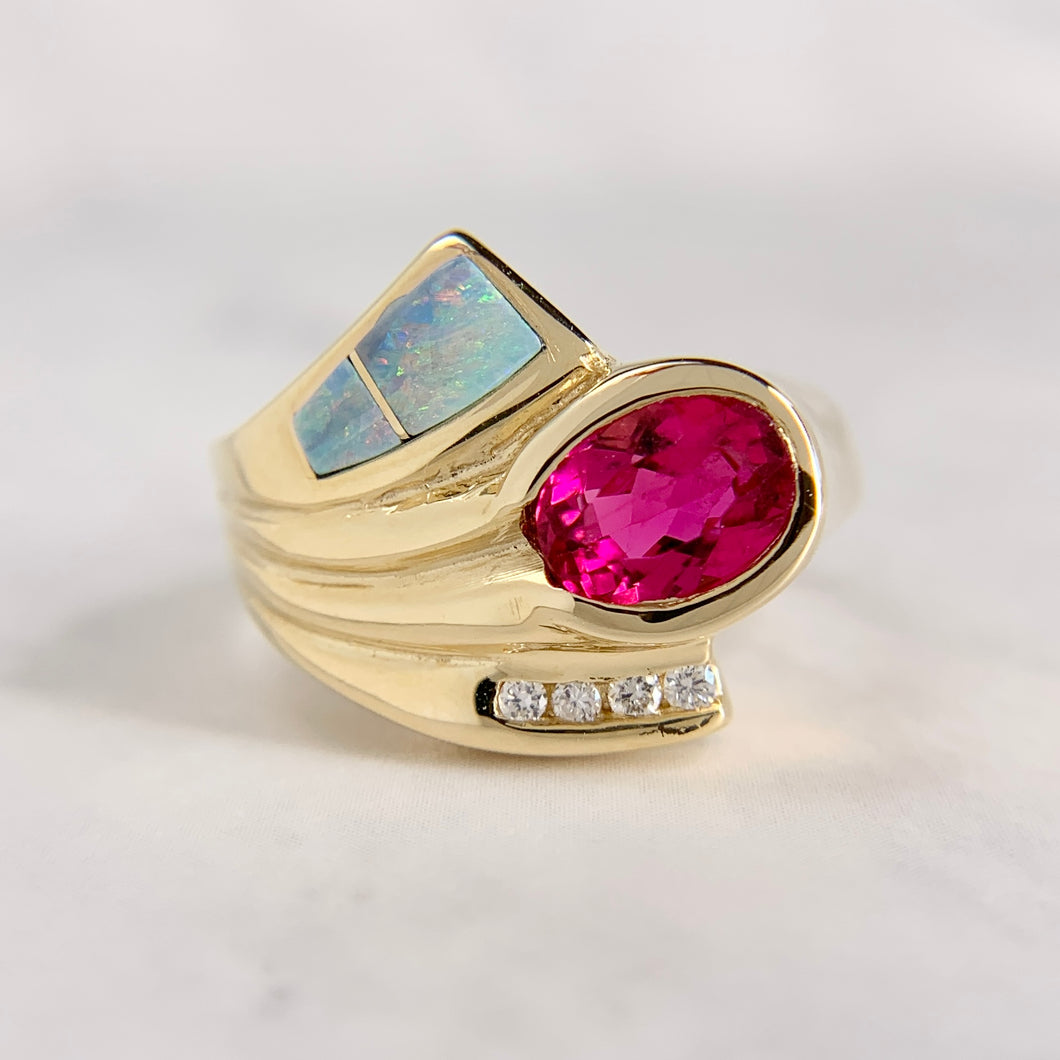 Retro 14K Yellow Gold Pink Tourmaline Opal and Diamond Ring