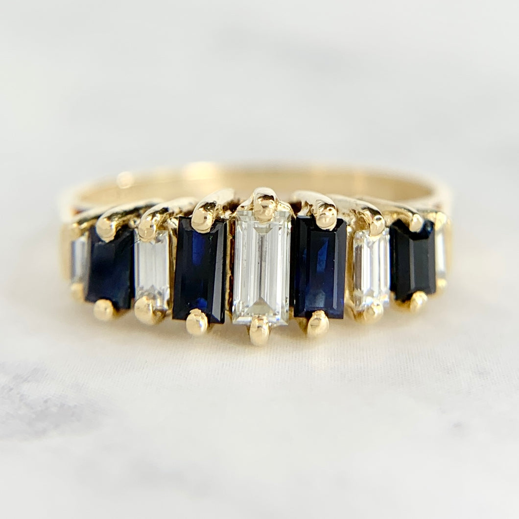 14K Yellow Gold Sapphire and Diamond Baguette Band