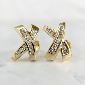 14K Yellow Gold "X" Design .50ctw Diamond Earrings