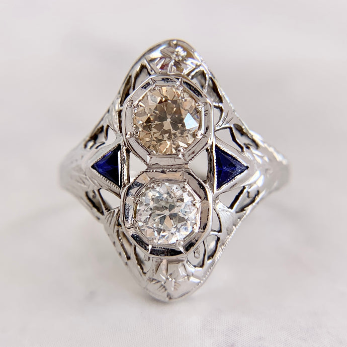 20K White Gold Art Deco .75ctw OEC Diamond Shield Ring