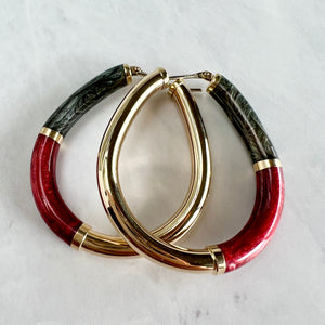 14K Yellow Gold Black and Red Enamel Large Hoop Earrings