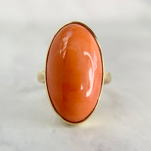 18K Yellow Gold Salmon Coral Cabochon Statement Ring