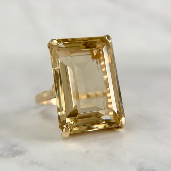 Chunky 14K Yellow Gold Emerald Cut Smoky Quartz Ring