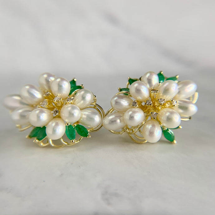14K Yellow Gold Freshwater Pearl Emerald and Diamond Earrings