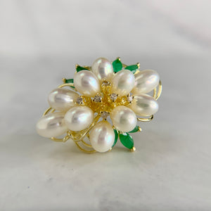 14K Yellow Gold Freshwater Pearl Emerald and Diamond Earrings