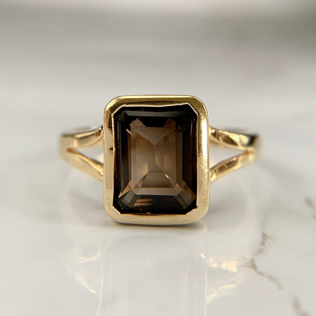 14K Yellow Gold Emerald Cut Smoky Quartz Ring