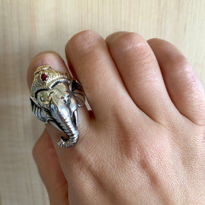 Custom 14K Gold / Sterling Silver Ruby Ganesha Elephant Ring