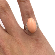 Load image into Gallery viewer, Vintage 18K White Gold Natural Salmon Coral Cabochon Ladies Ring w/ Diamonds
