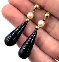 Load image into Gallery viewer, 14K Yellow Gold Onyx and Pearl Drop Dangle Earrings
