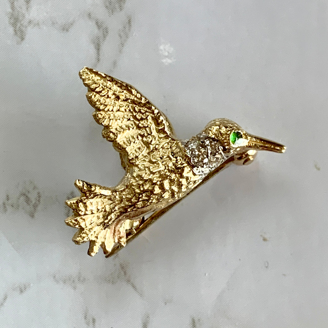 14K Gold Two-Tone Hummingbird Pin Brooch