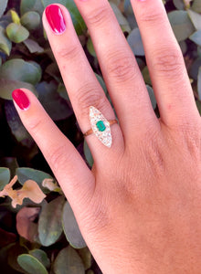 Antique 18K Gold Colombian Emerald and Diamond Navette Ring