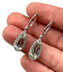 14K White Gold Tear Drop Prasiolite and VS Diamond Earrings