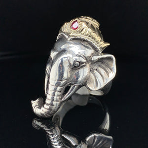 Custom 14K Gold / Sterling Silver Ruby Ganesha Elephant Ring
