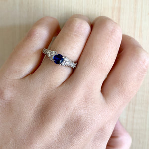14K WG .58ct Blue Sapphire Solitaire and Diamond Ring