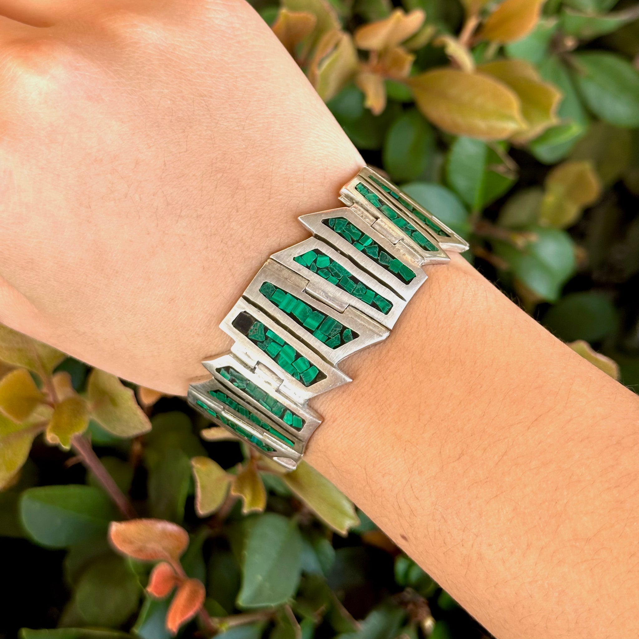 Taxco Mexico 925 Silver Malachite Inlay Bracelet - 7 Taxco Mexico 925 Silver Malachite Inlay Bracelet - 7