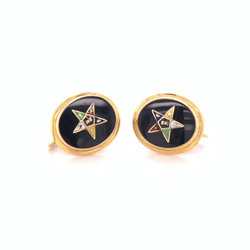 Vintage 10K Yellow Gold Screw Back Eastern Star Onyx Earrings