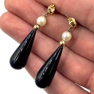 14K Yellow Gold Onyx and Pearl Drop Dangle Earrings