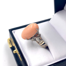 Load image into Gallery viewer, Vintage 18K White Gold Natural Salmon Coral Cabochon Ladies Ring w/ Diamonds