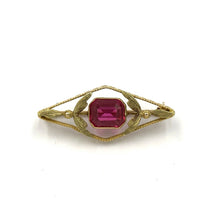 Load image into Gallery viewer, Vintage 10K Green Gold Synthetic Pink Sapphire Brooch