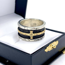 Load image into Gallery viewer, Custom Silver &amp; 18K Yellow Gold Hammered Finish Band Ring