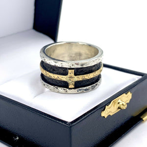 Custom Silver & 18K Yellow Gold Hammered Finish Band Ring