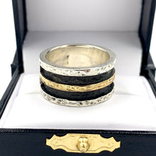Load image into Gallery viewer, Custom Silver &amp; 18K Yellow Gold Hammered Finish Band Ring