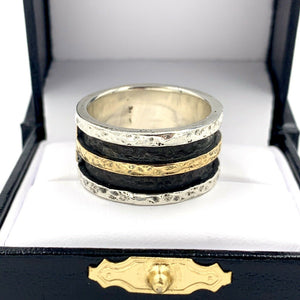 Custom Silver & 18K Yellow Gold Hammered Finish Band Ring